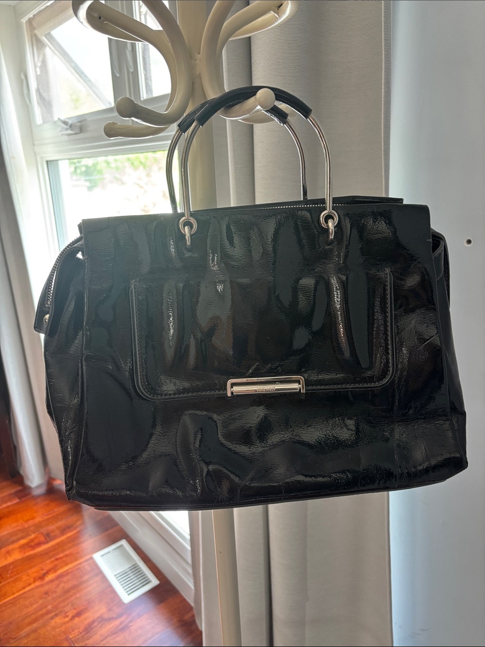 Nine West Black Patent Leather Satchel with Silver Hardware